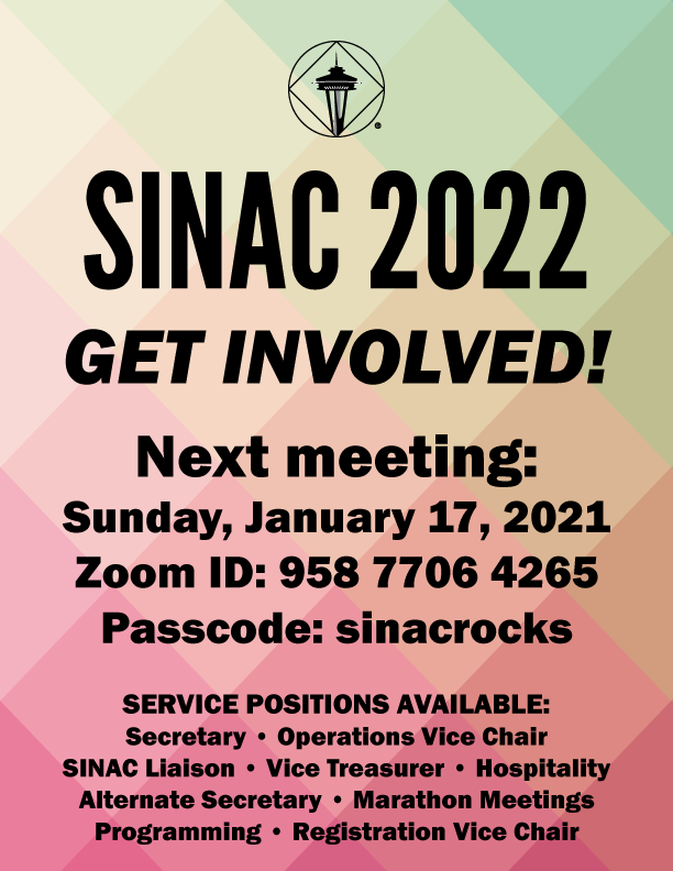 Flyer for SINAC 2022 committee meeting. Service positions available: Secretary, Operations vice chair, SINAC Liaison, Vice Treasurer, Hospitality, Alternate Secretary, Marathon Meetings, Programming, Registration Vice Chair
